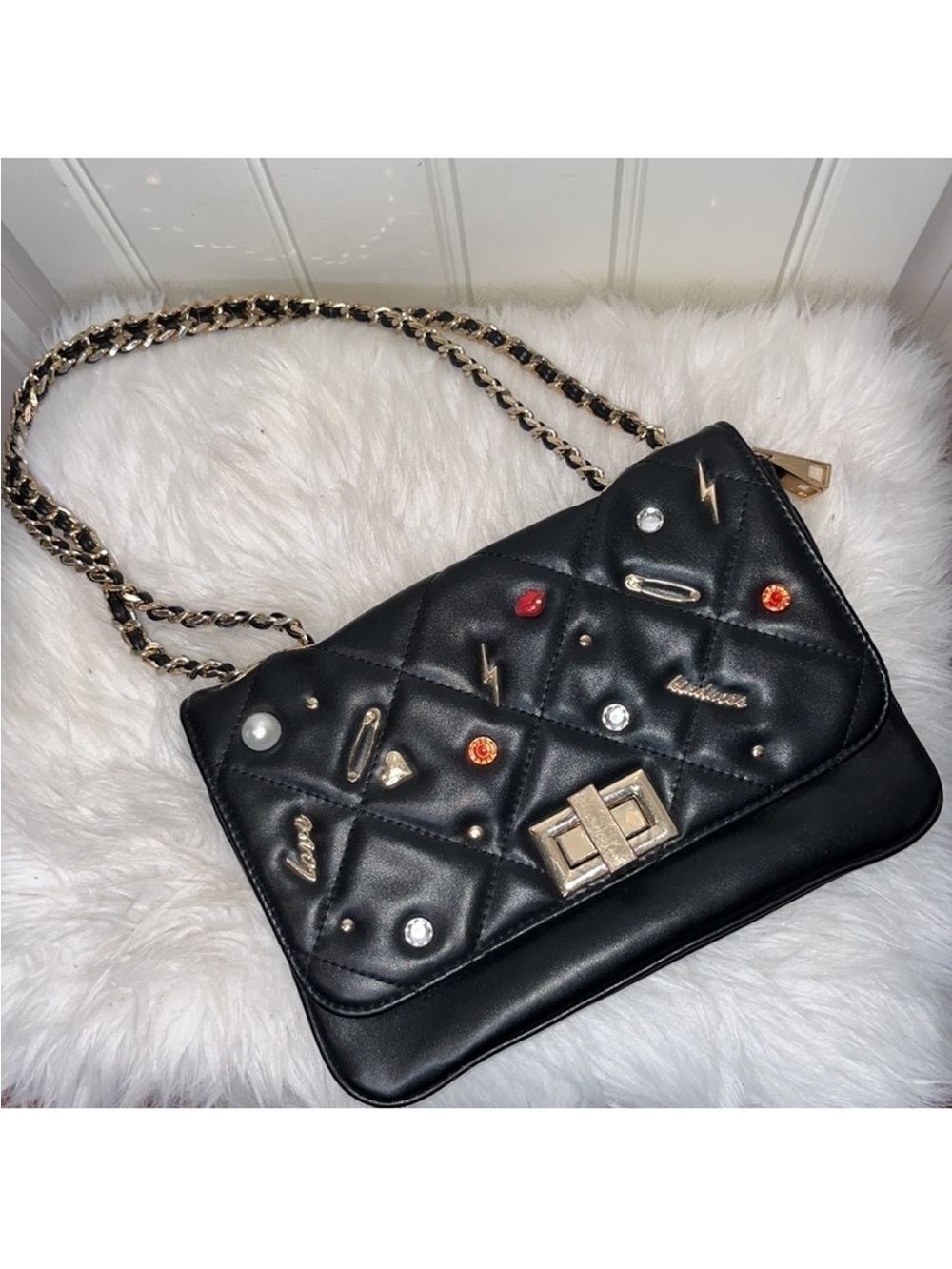 ALDO Black Quilted Chain Shoulder Bag with Embellishments
